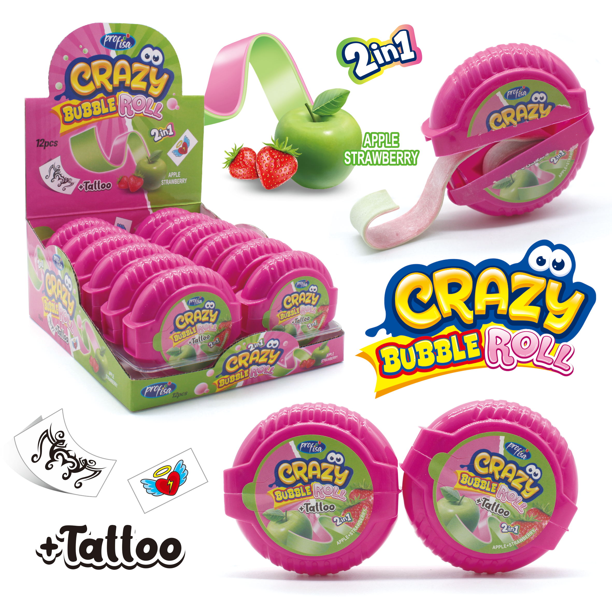 CRAZY BUBBLE ROLL APPLE+STRAWBERRY 30g 12ks