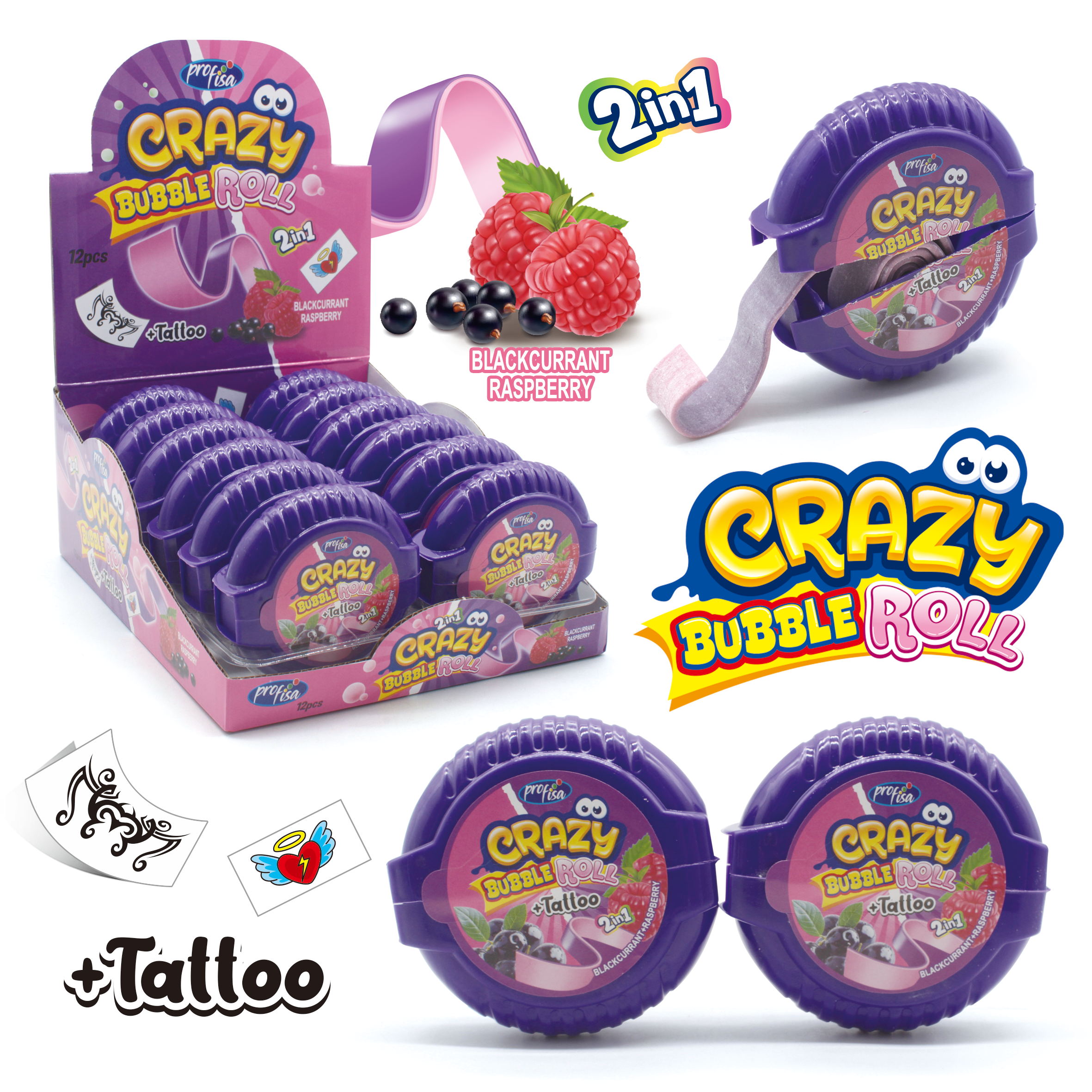 CRAZY BUBBLE ROLL BLACKCURANT+RASPBERRY 30g 12ks
