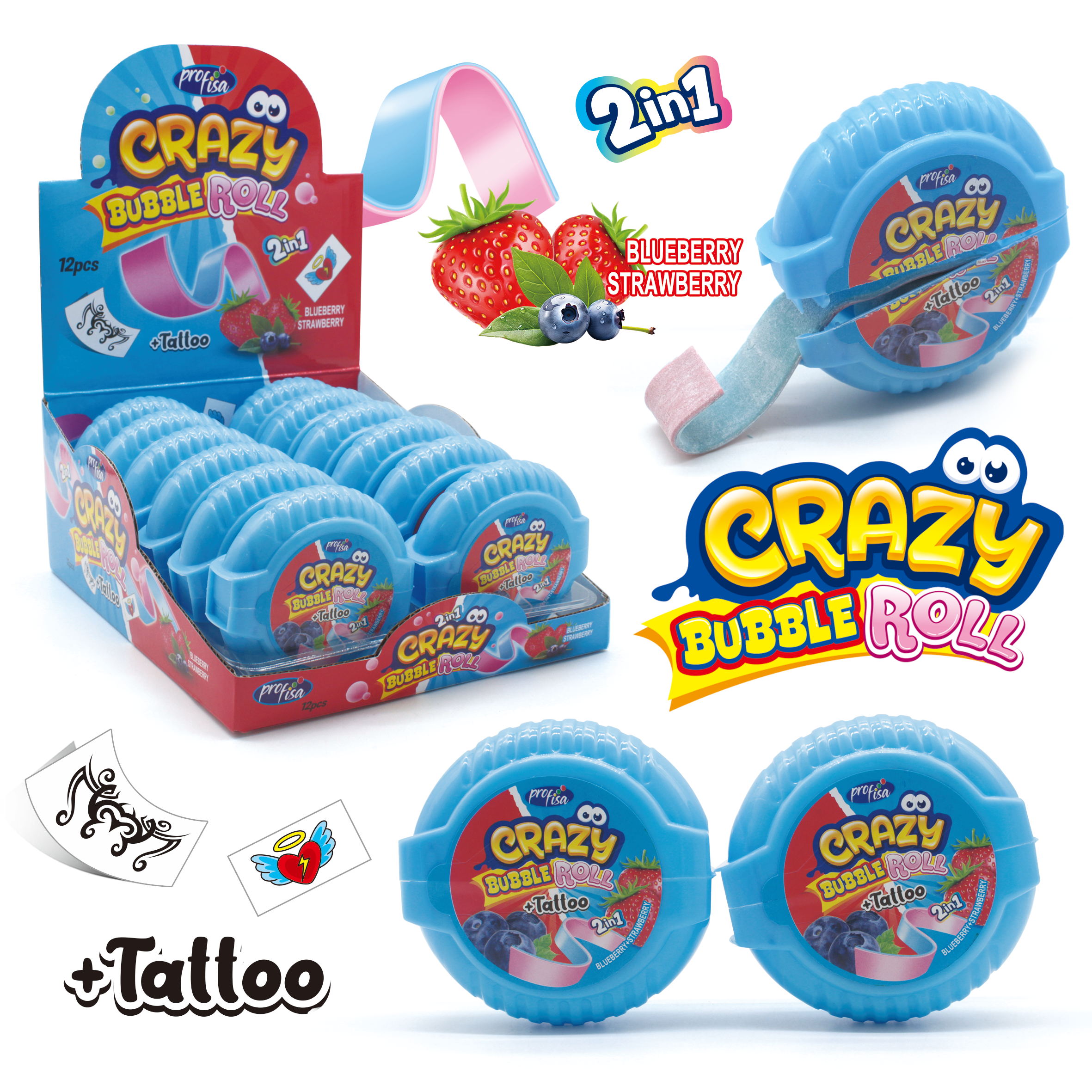 CRAZY BUBBLE ROLL BLUEBERRY+STRAWBERRY 30g 12ks