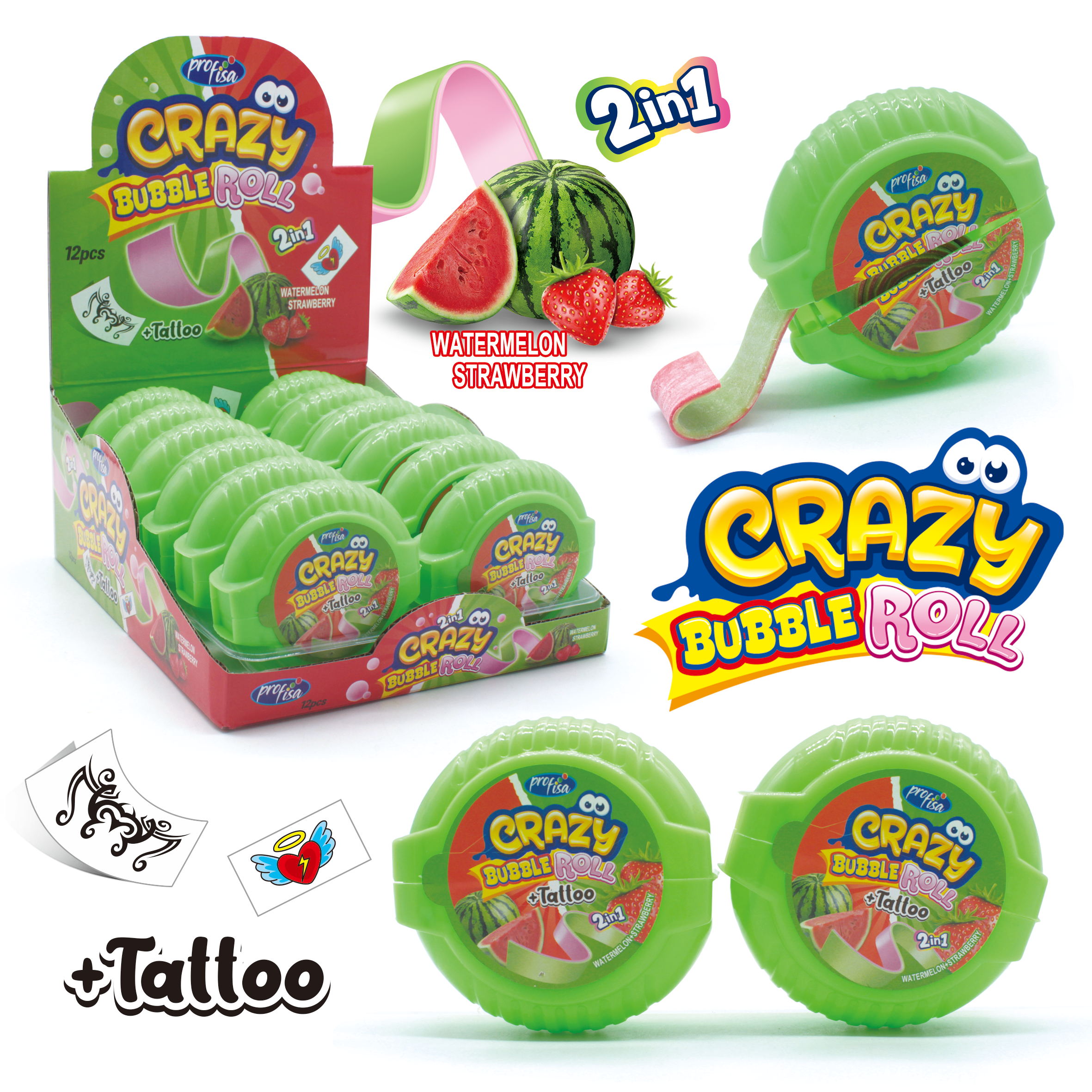 CRAZY BUBBLE ROLL WATERMELON+STRAWBERRY 30g 12ks