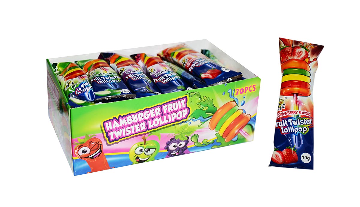 HAMBURGER FRUIT TWISTER LOLLIPOPS (PFS010102) 10g 30ks