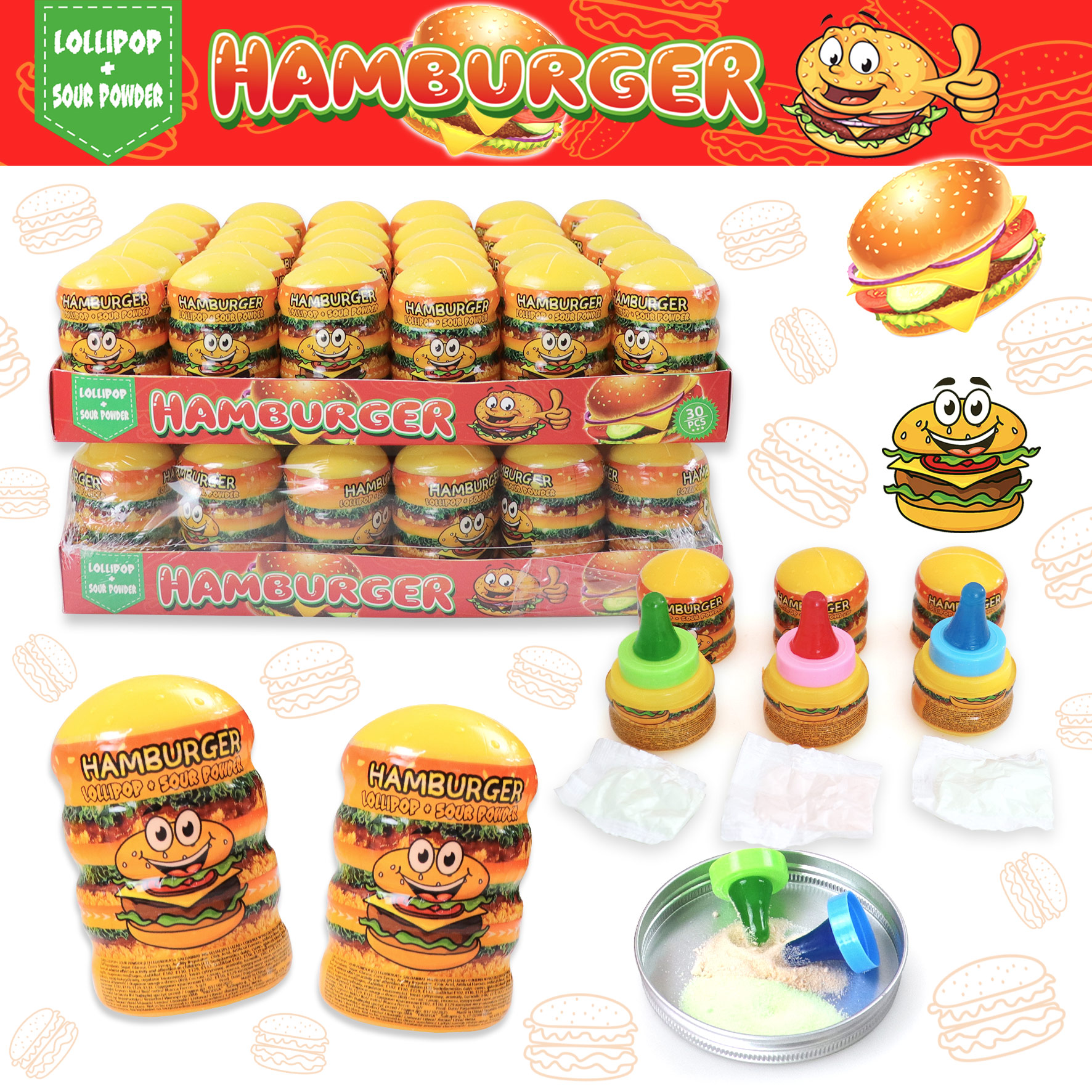 HAMBURGER LOLLIPOP + SOUR POWDER CANDY 5g 30ks