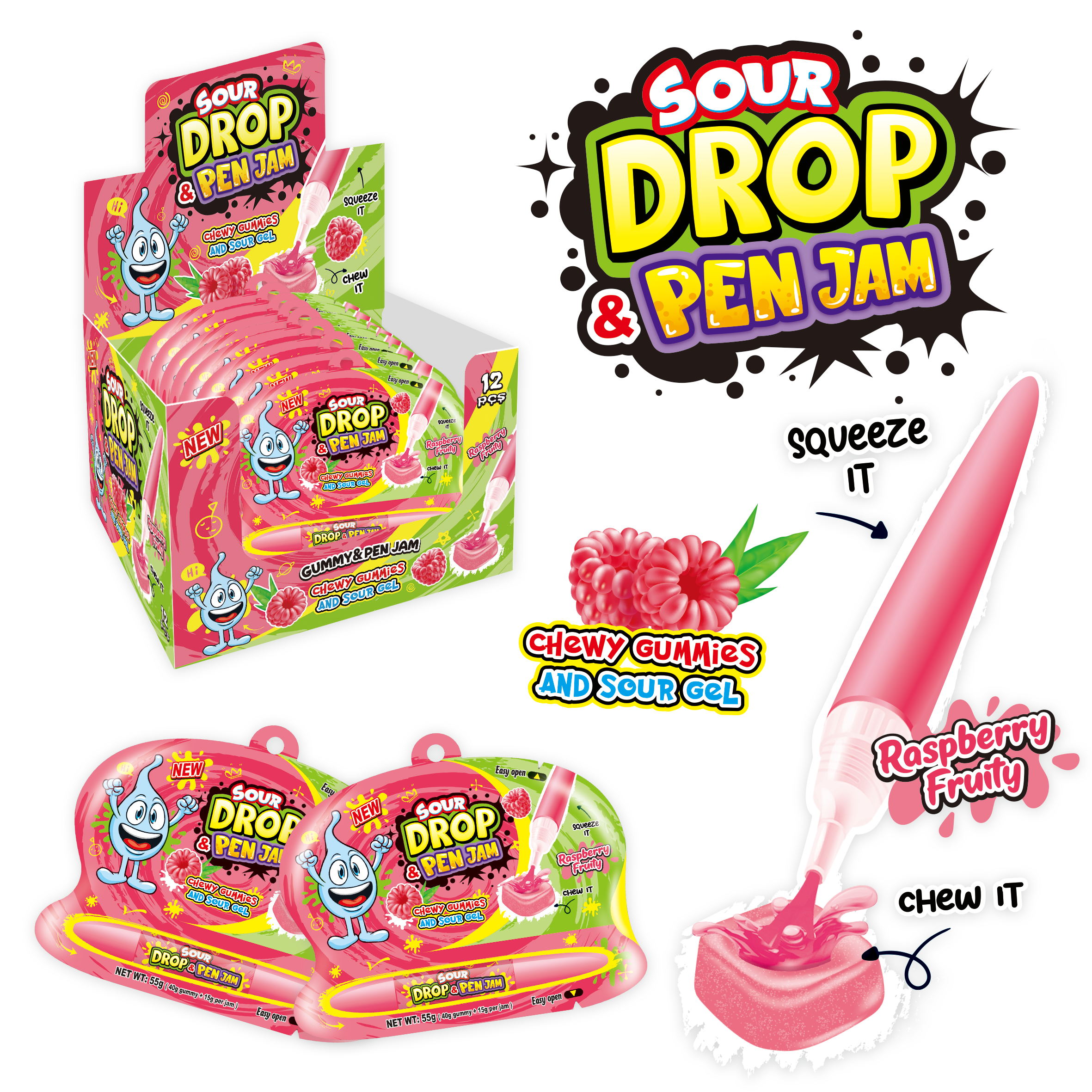 RASPBERRY SOUR DROP PEN JAM 55g 12ks