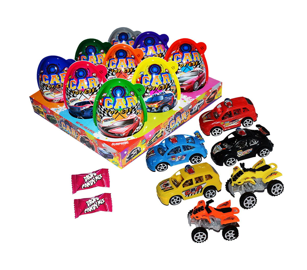 SMALL CAR PLASTIC EGGS (11cm) 10g 9ks